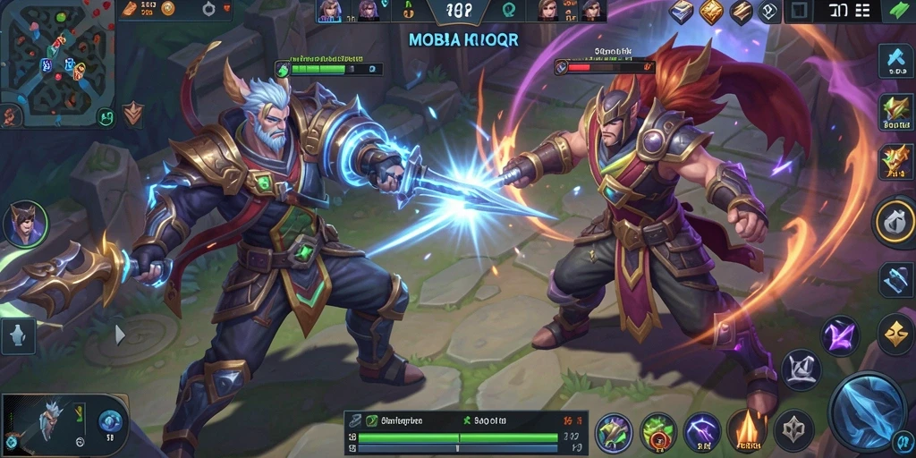 Screenshot gameplay 8QR menampilkan pertempuran MOBA yang intens.