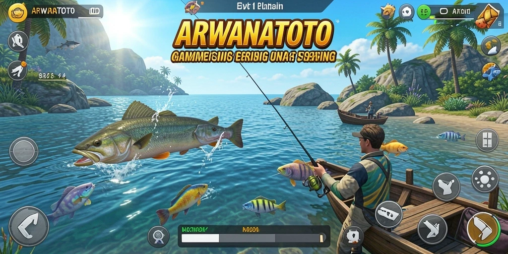 Gameplay ARWANATOTO yang mendebarkan, menampilkan aksi memancing yang seru.