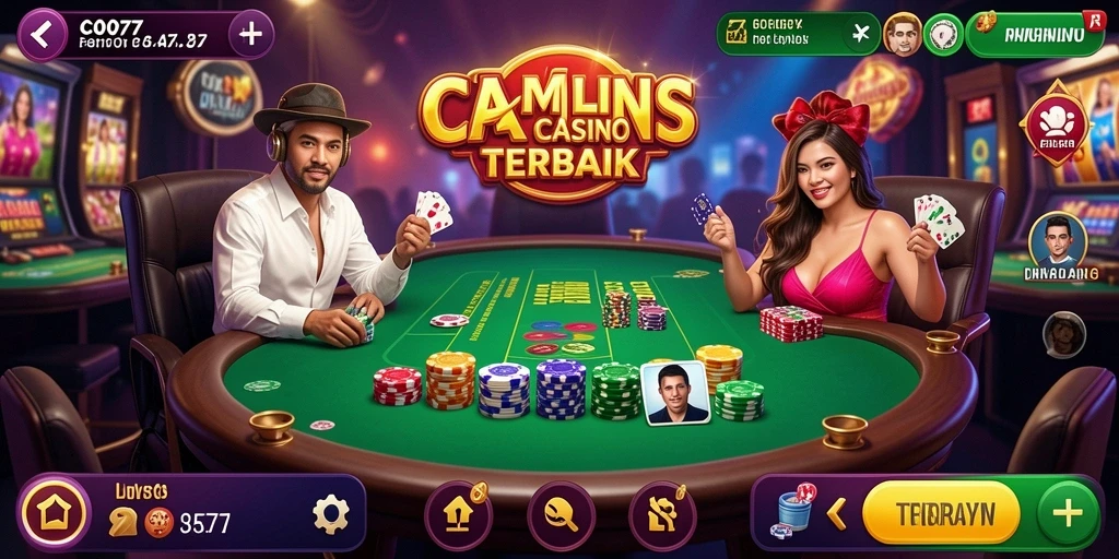 Tangkapan layar gameplay C0077 menampilkan dealer langsung dan suasana kasino.