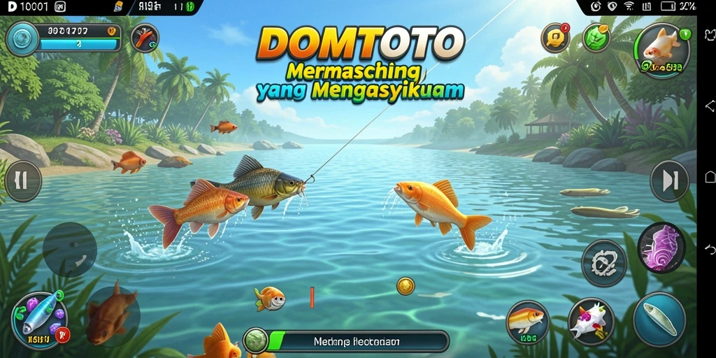 Tampilan screenshot <strong>DOMTOTO</strong> menunjukkan pemain memancing dengan latar belakang laut yang indah.