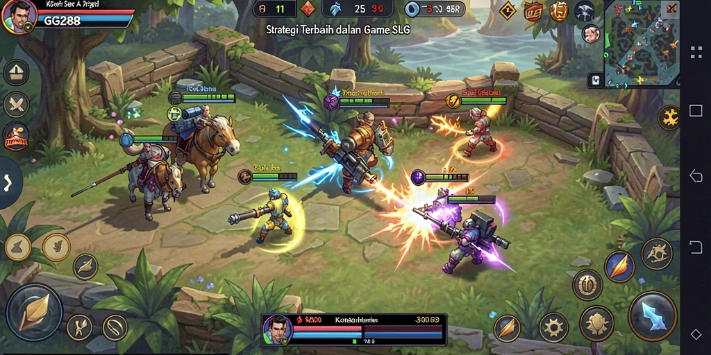Tangkapan layar gameplay GG288 menampilkan pertempuran intens dan perencanaan strategi.