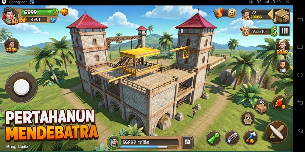 Screenshot gameplay GG999 menampilkan aksi mempertahankan menara yang seru.