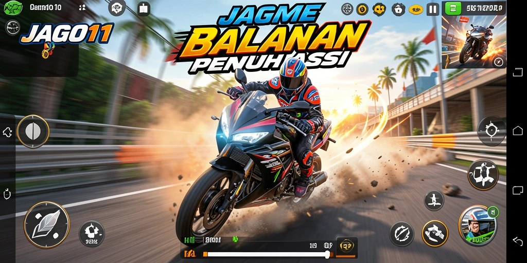 Screenshot JAGO11 menampilkan balapan motor yang penuh aksi dan kecepatan tinggi.