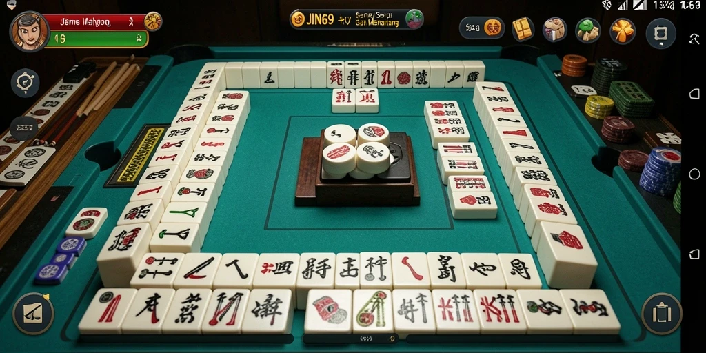 Tangkapan layar gameplay JIN69 menampilkan ubin Mahjong yang berwarna-warni.