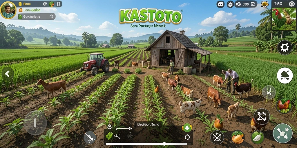 Tampilan gameplay KASTOTO yang menampilkan lahan pertanian yang subur dan hewan ternak.
