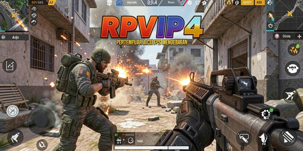 Screenshot RPVIP4 menampilkan aksi pertempuran FPS yang intens.