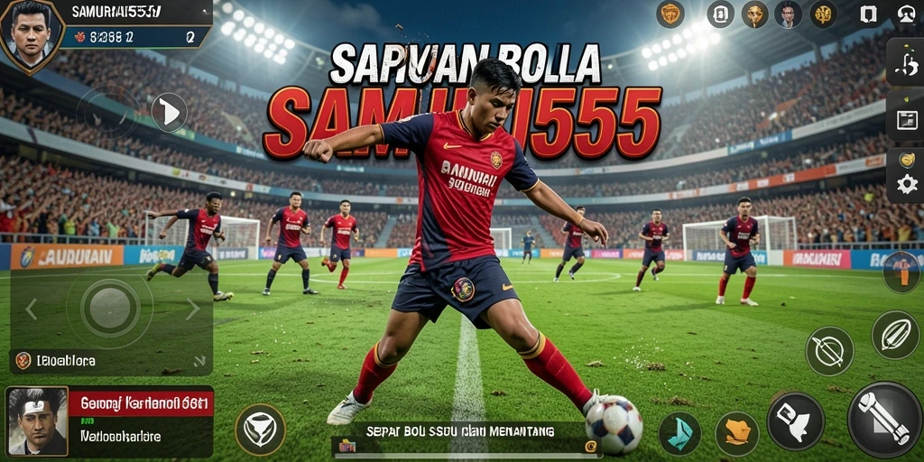Screenshot gameplay SAMURAI555 menampilkan aksi seru di lapangan sepak bola.