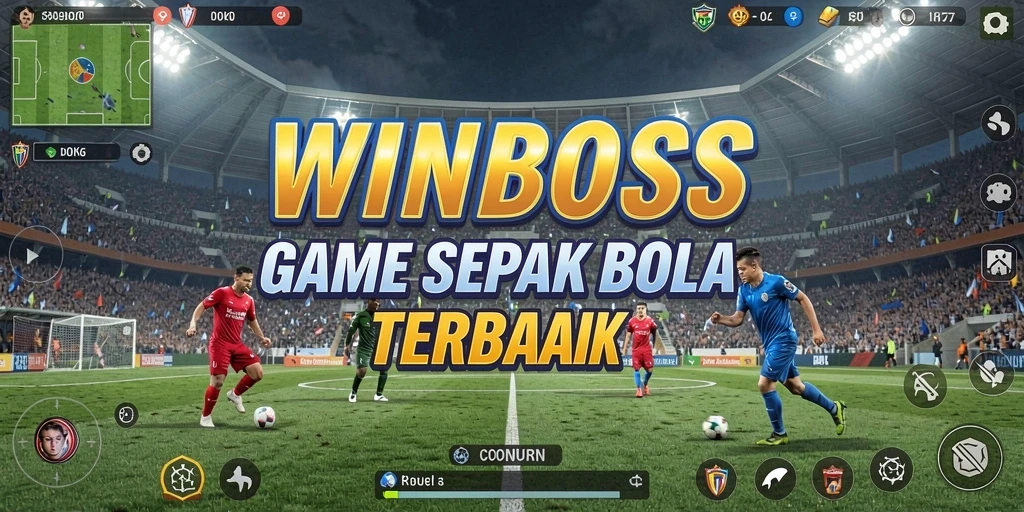 Tangkapan layar gameplay <strong>WINBOSS</strong> menunjukkan aksi seru dalam pertandingan sepak bola.